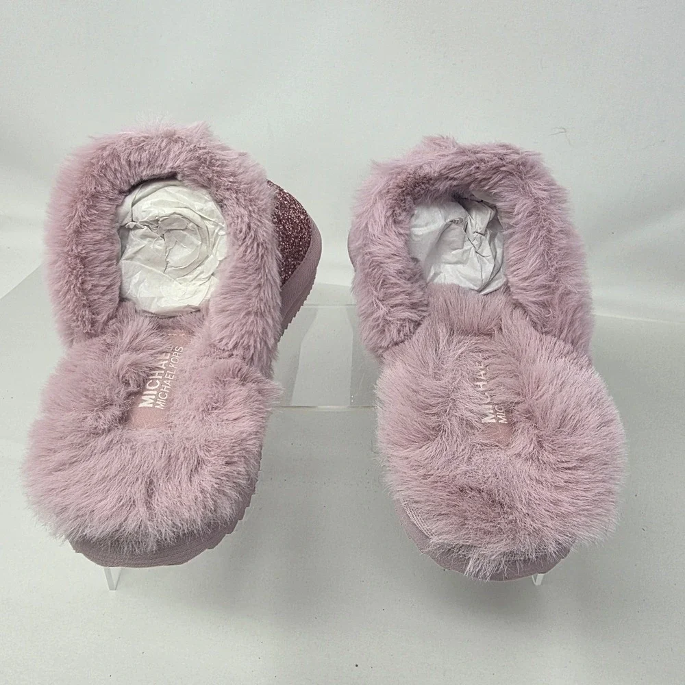 Michael Kors Janis Slipper Women 6 Royal Pink New Glitter Faux Fur 40F2JAFA2D